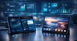 Samsung Galaxy Z Fold 8 vs Google Pixel Fold 3 side-by-side comparison showing hinge mechanics, 300,000 fold rating, and AI performance charts.