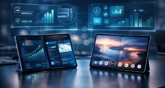 Samsung Galaxy Z Fold 8 vs Google Pixel Fold 3 side-by-side comparison showing hinge mechanics, 300,000 fold rating, and AI performance charts.