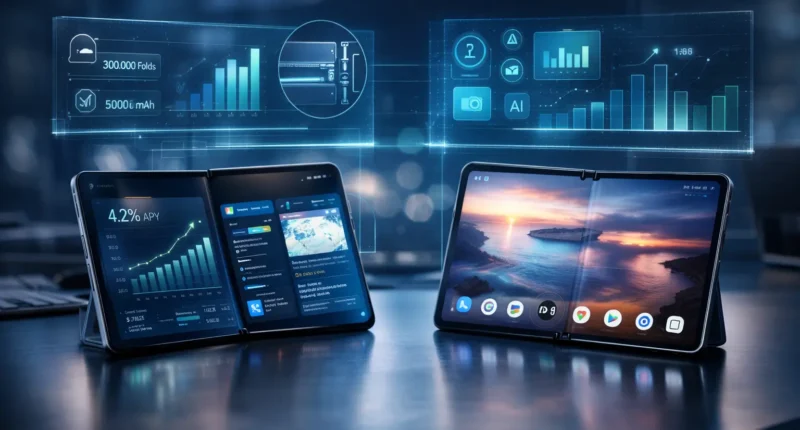 Samsung Galaxy Z Fold 8 vs Google Pixel Fold 3 side-by-side comparison showing hinge mechanics, 300,000 fold rating, and AI performance charts.