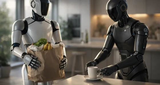 A comparison of the Tesla Optimus Gen 3 and Figure AI Figure 03 humanoid home robots performing household chores in a modern living room in 2026.