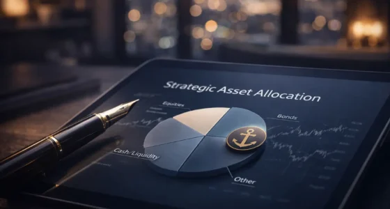A digital tablet displaying a strategic asset allocation pie chart with a golden anchor on the liquidity section, professional financial workspace background.